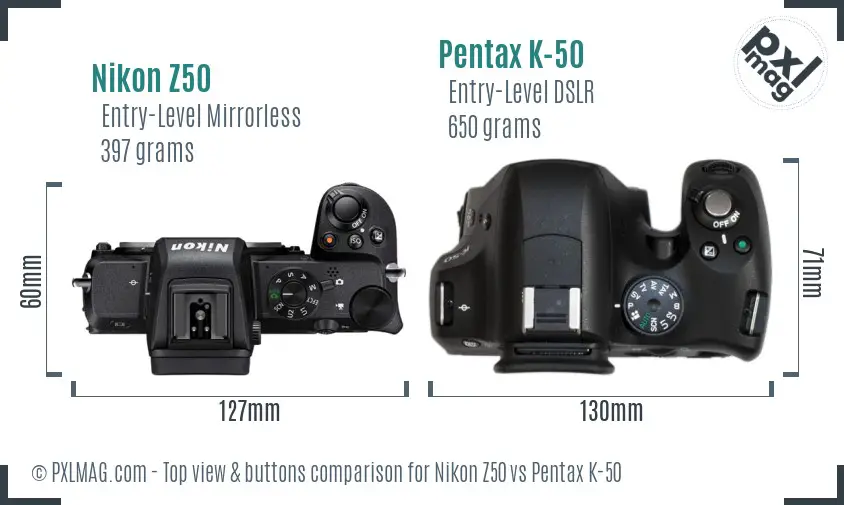Nikon Z50 vs Pentax K-50 top view buttons comparison