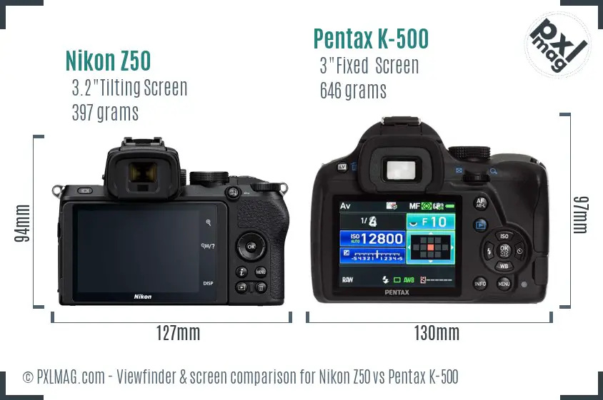 Nikon Z50 vs Pentax K-500 Screen and Viewfinder comparison