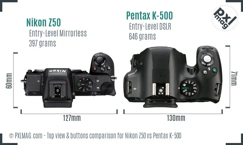 Nikon Z50 vs Pentax K-500 top view buttons comparison