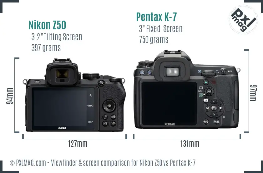 Nikon Z50 vs Pentax K-7 Screen and Viewfinder comparison
