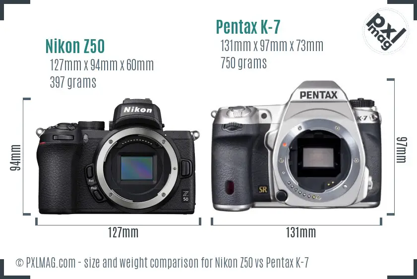 Nikon Z50 vs Pentax K-7 size comparison