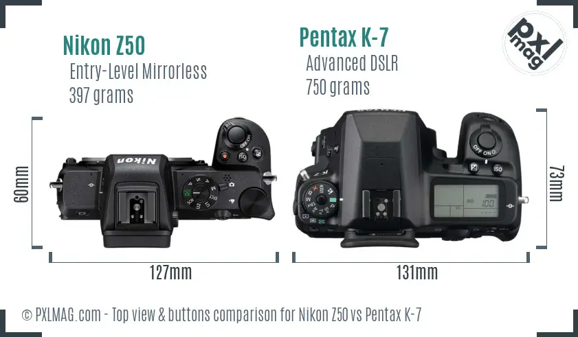 Nikon Z50 vs Pentax K-7 top view buttons comparison