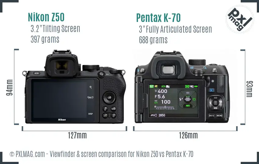 Nikon Z50 vs Pentax K-70 Screen and Viewfinder comparison