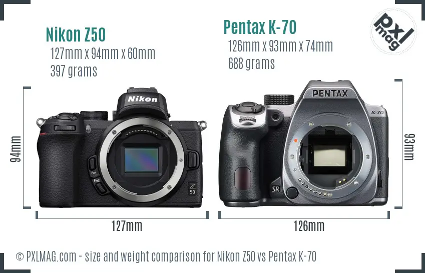 Nikon Z50 vs Pentax K-70 size comparison