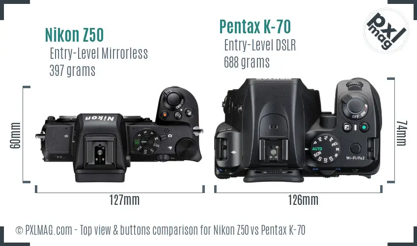 Nikon Z50 vs Pentax K-70 top view buttons comparison
