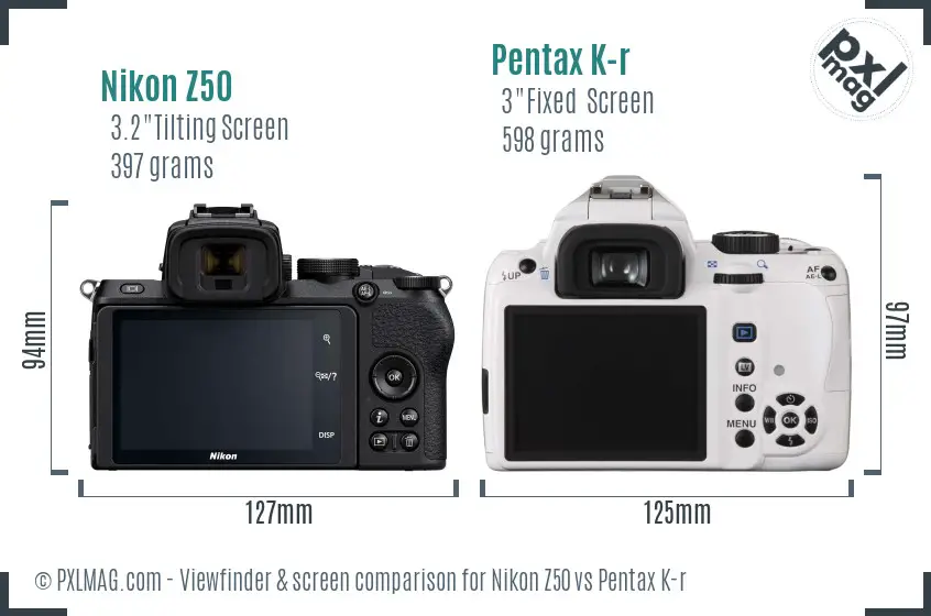 Nikon Z50 vs Pentax K-r Screen and Viewfinder comparison