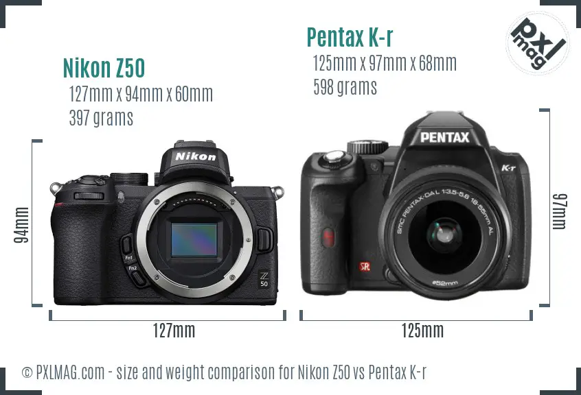 Nikon Z50 vs Pentax K-r size comparison