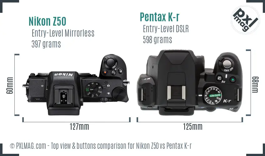 Nikon Z50 vs Pentax K-r top view buttons comparison