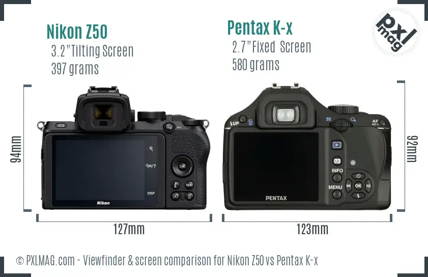 Nikon Z50 vs Pentax K-x Screen and Viewfinder comparison