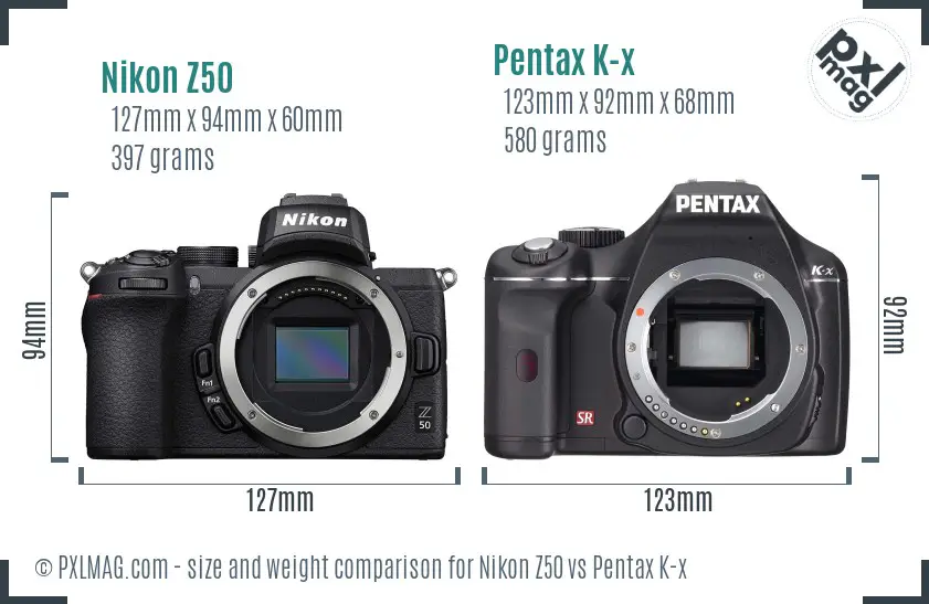 Nikon Z50 vs Pentax K-x size comparison
