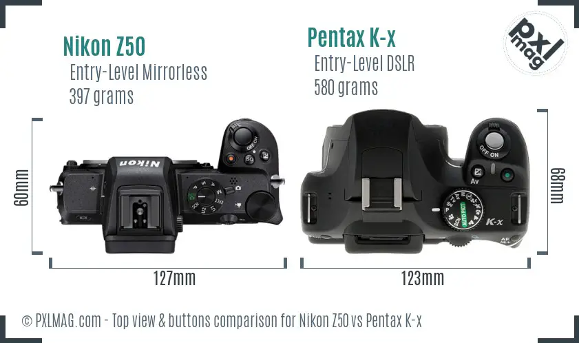 Nikon Z50 vs Pentax K-x top view buttons comparison