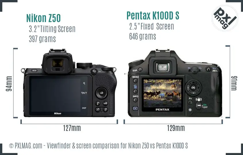 Nikon Z50 vs Pentax K100D S Screen and Viewfinder comparison