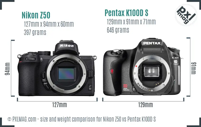 Nikon Z50 vs Pentax K100D S size comparison