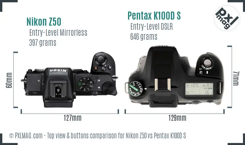 Nikon Z50 vs Pentax K100D S top view buttons comparison