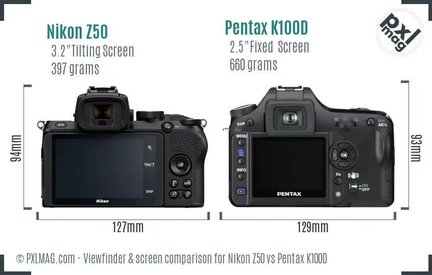 Nikon Z50 vs Pentax K100D Screen and Viewfinder comparison