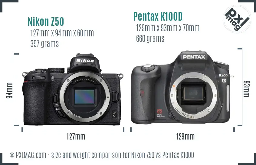 Nikon Z50 vs Pentax K100D size comparison