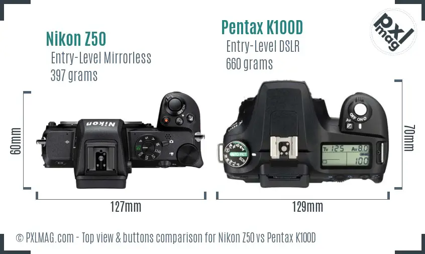 Nikon Z50 vs Pentax K100D top view buttons comparison