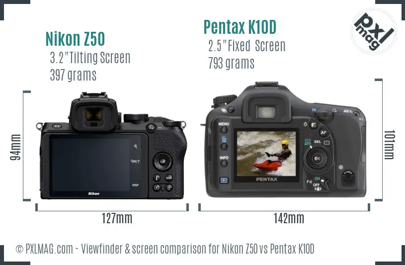 Nikon Z50 vs Pentax K10D Screen and Viewfinder comparison