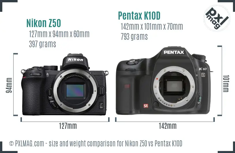 Nikon Z50 vs Pentax K10D size comparison