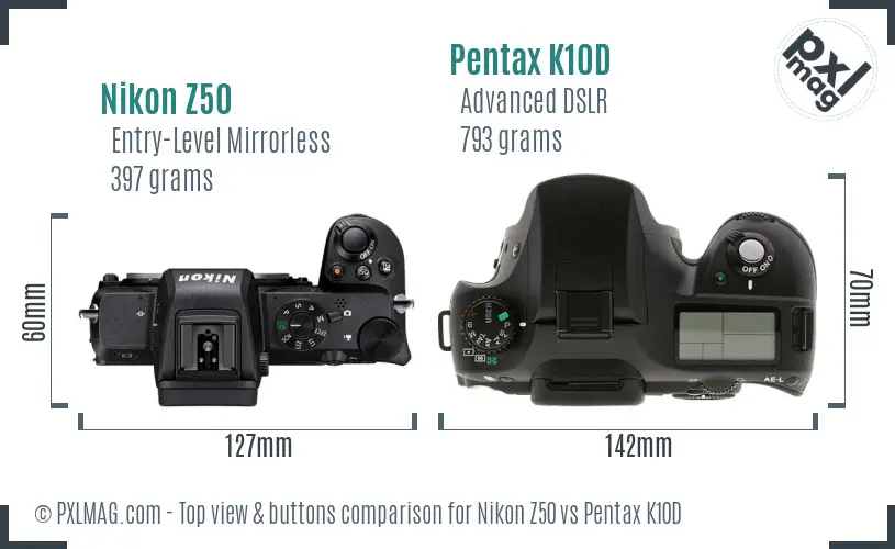 Nikon Z50 vs Pentax K10D top view buttons comparison