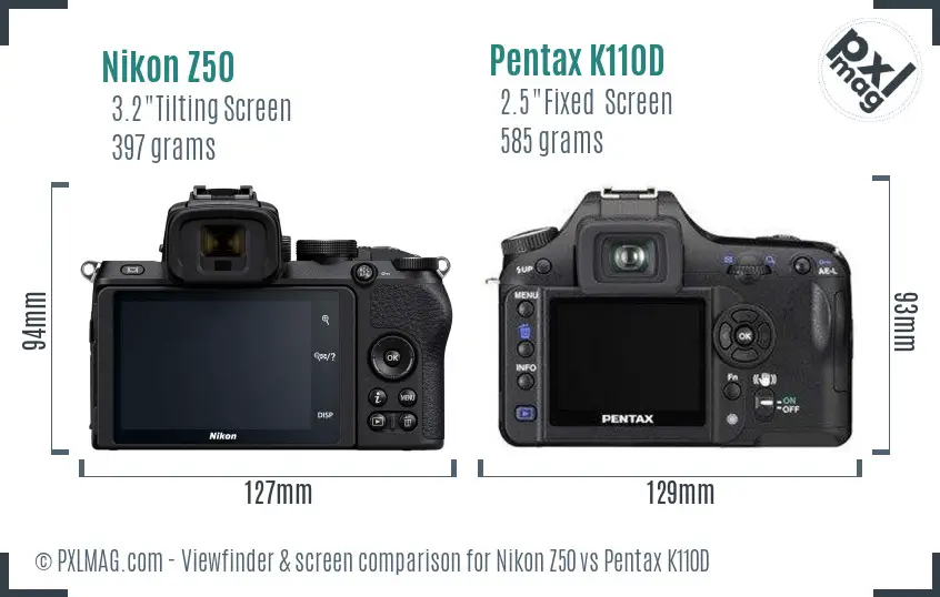 Nikon Z50 vs Pentax K110D Screen and Viewfinder comparison
