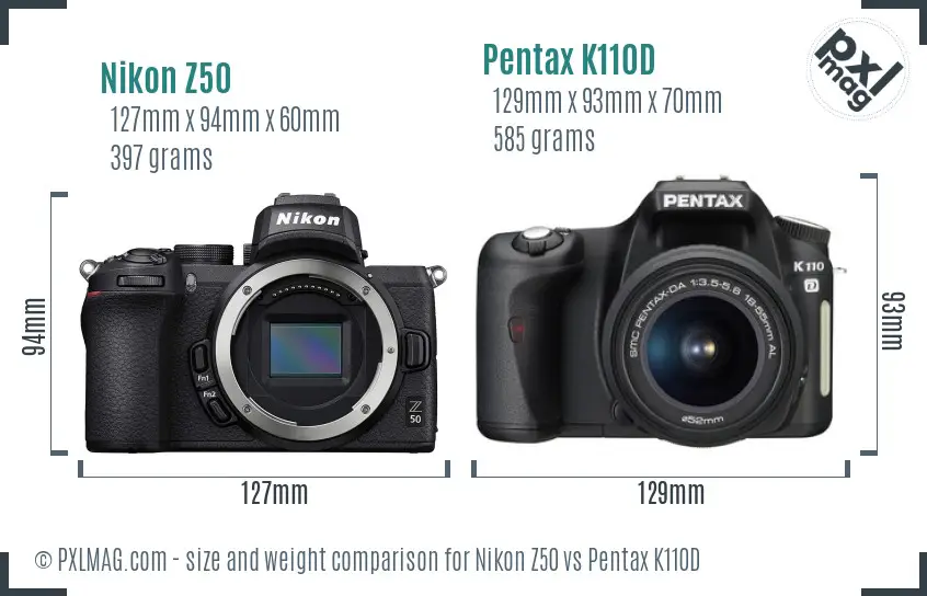 Nikon Z50 vs Pentax K110D size comparison