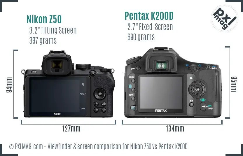 Nikon Z50 vs Pentax K200D Screen and Viewfinder comparison