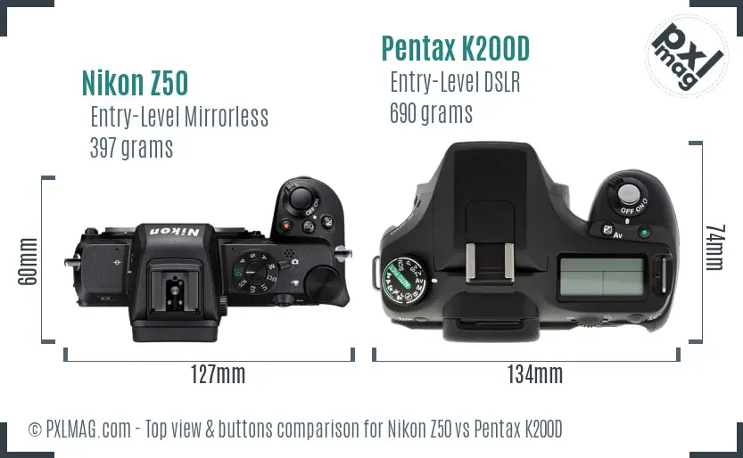 Nikon Z50 vs Pentax K200D top view buttons comparison
