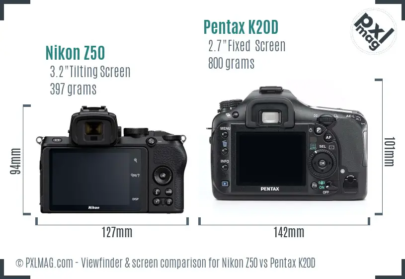 Nikon Z50 vs Pentax K20D Screen and Viewfinder comparison