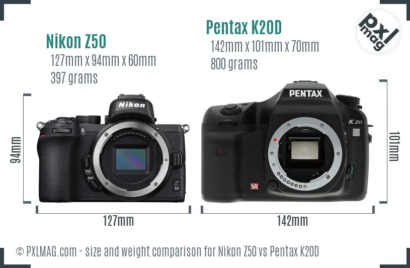 Nikon Z50 vs Pentax K20D size comparison