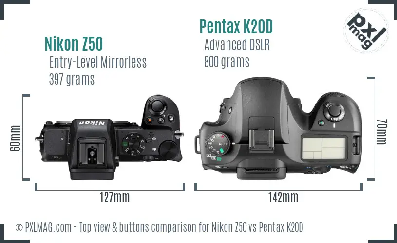 Nikon Z50 vs Pentax K20D top view buttons comparison