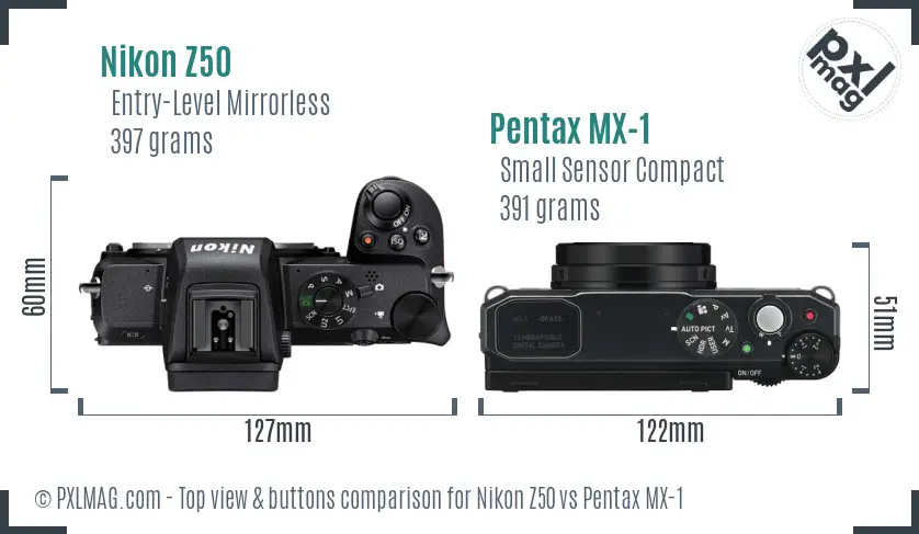 Nikon Z50 vs Pentax MX-1 top view buttons comparison