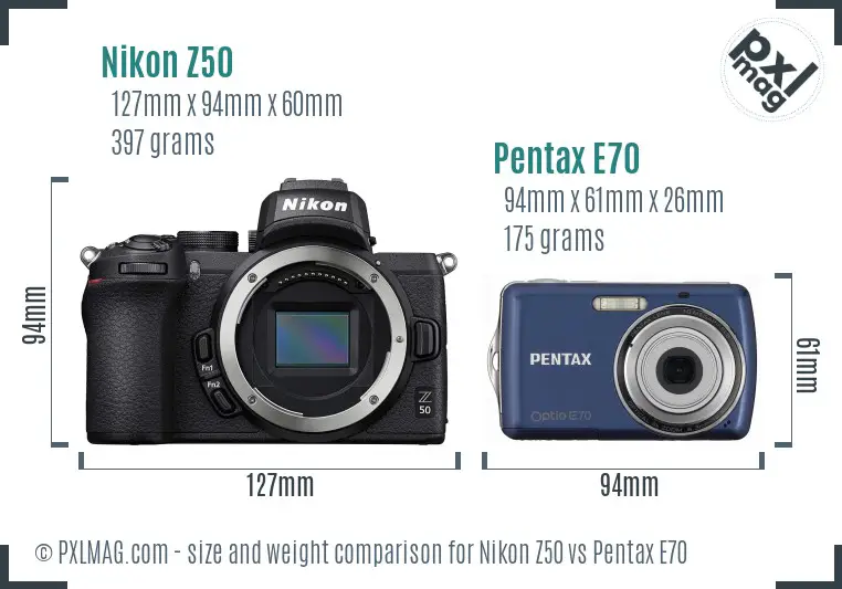 Nikon Z50 vs Pentax E70 size comparison