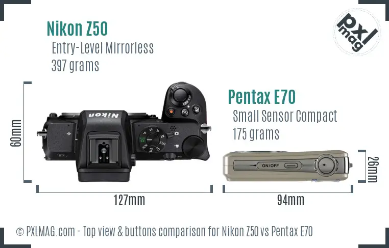 Nikon Z50 vs Pentax E70 top view buttons comparison