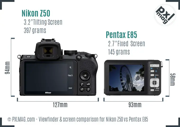 Nikon Z50 vs Pentax E85 Screen and Viewfinder comparison