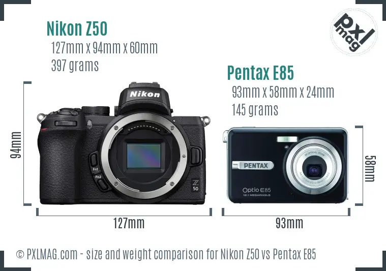 Nikon Z50 vs Pentax E85 size comparison