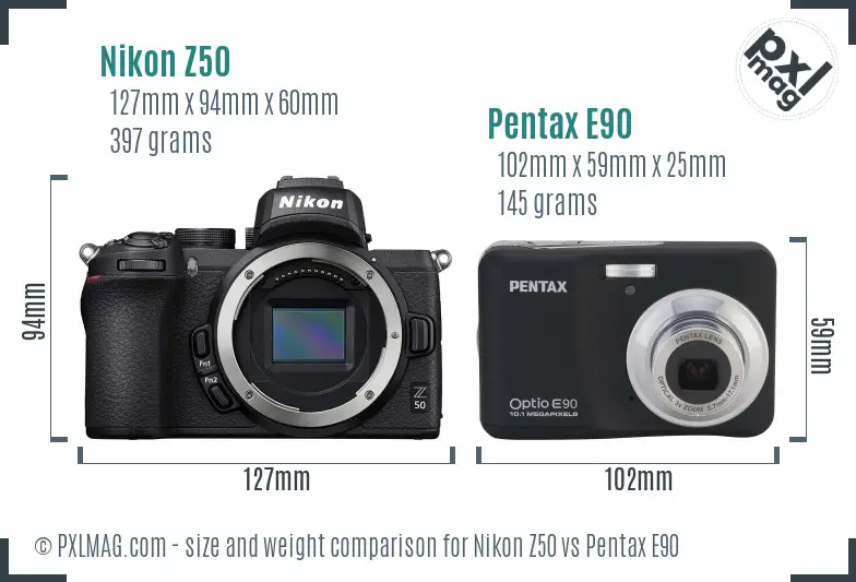 Nikon Z50 vs Pentax E90 size comparison