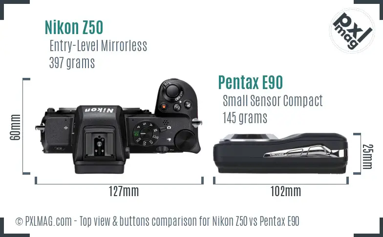 Nikon Z50 vs Pentax E90 top view buttons comparison