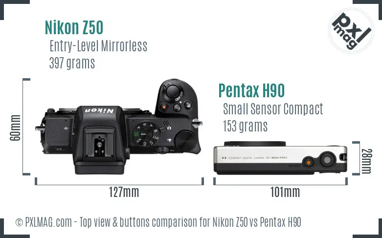 Nikon Z50 vs Pentax H90 top view buttons comparison