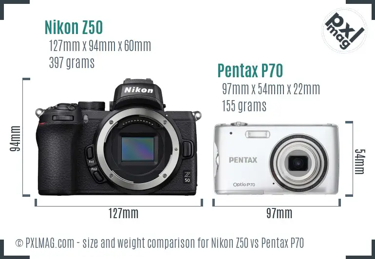 Nikon Z50 vs Pentax P70 size comparison
