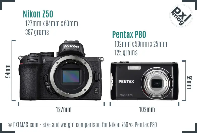 Nikon Z50 vs Pentax P80 size comparison