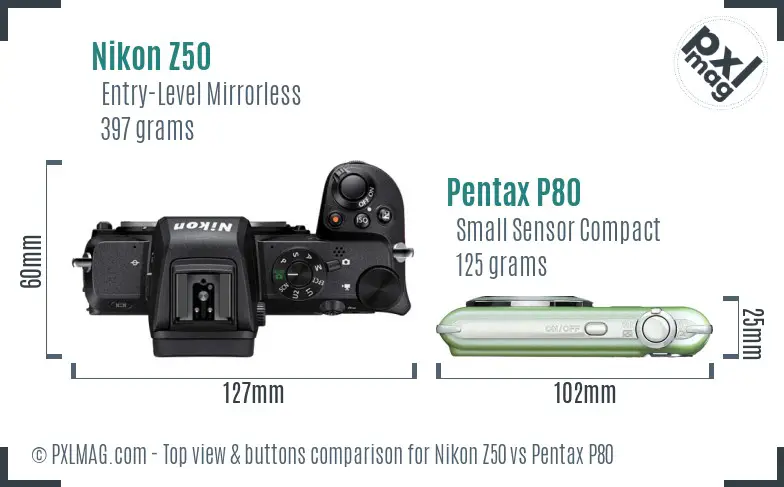 Nikon Z50 vs Pentax P80 top view buttons comparison