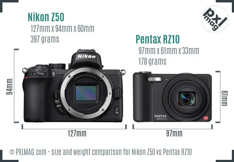 Nikon Z50 vs Pentax RZ10 size comparison