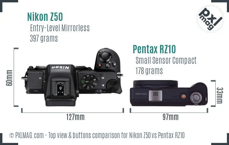 Nikon Z50 vs Pentax RZ10 top view buttons comparison