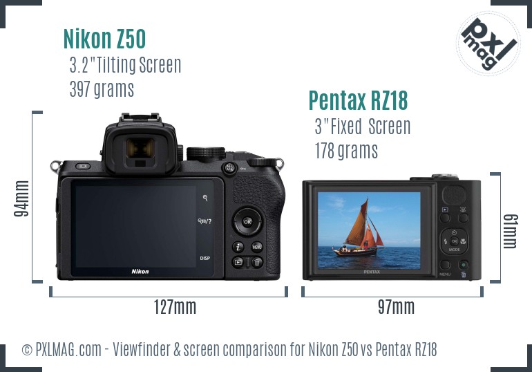 Nikon Z50 vs Pentax RZ18 Screen and Viewfinder comparison