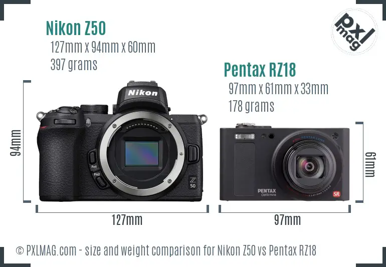 Nikon Z50 vs Pentax RZ18 size comparison