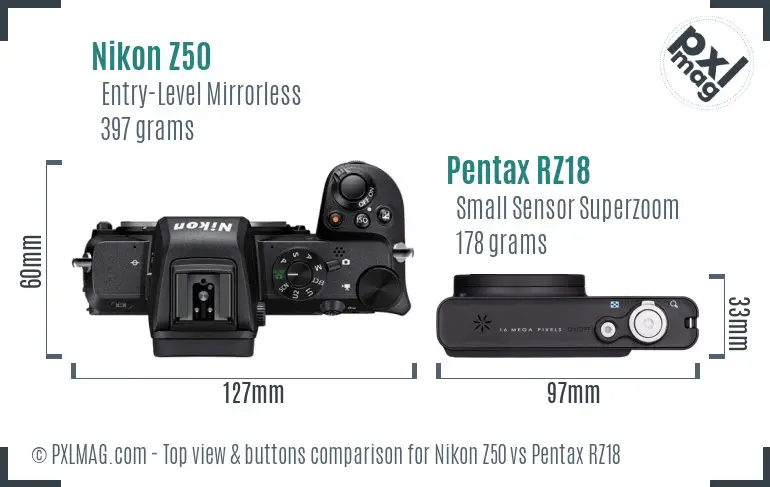 Nikon Z50 vs Pentax RZ18 top view buttons comparison