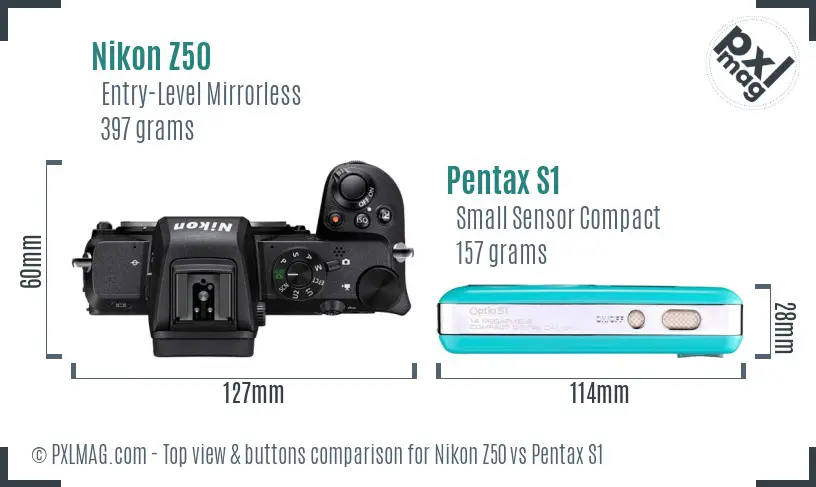 Nikon Z50 vs Pentax S1 top view buttons comparison