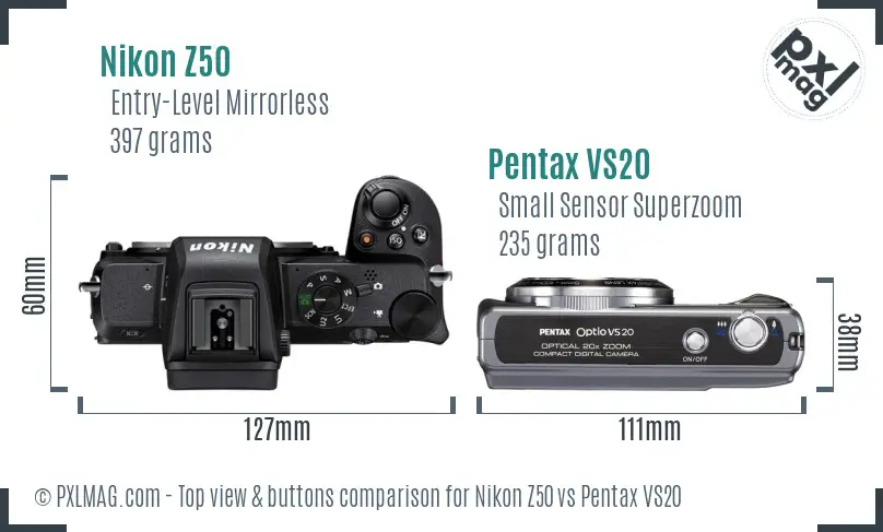 Nikon Z50 vs Pentax VS20 top view buttons comparison