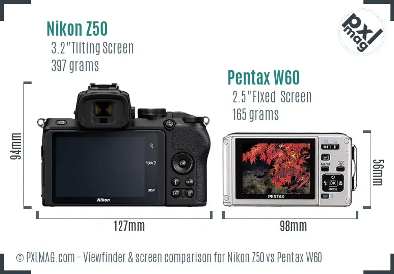 Nikon Z50 vs Pentax W60 Screen and Viewfinder comparison
